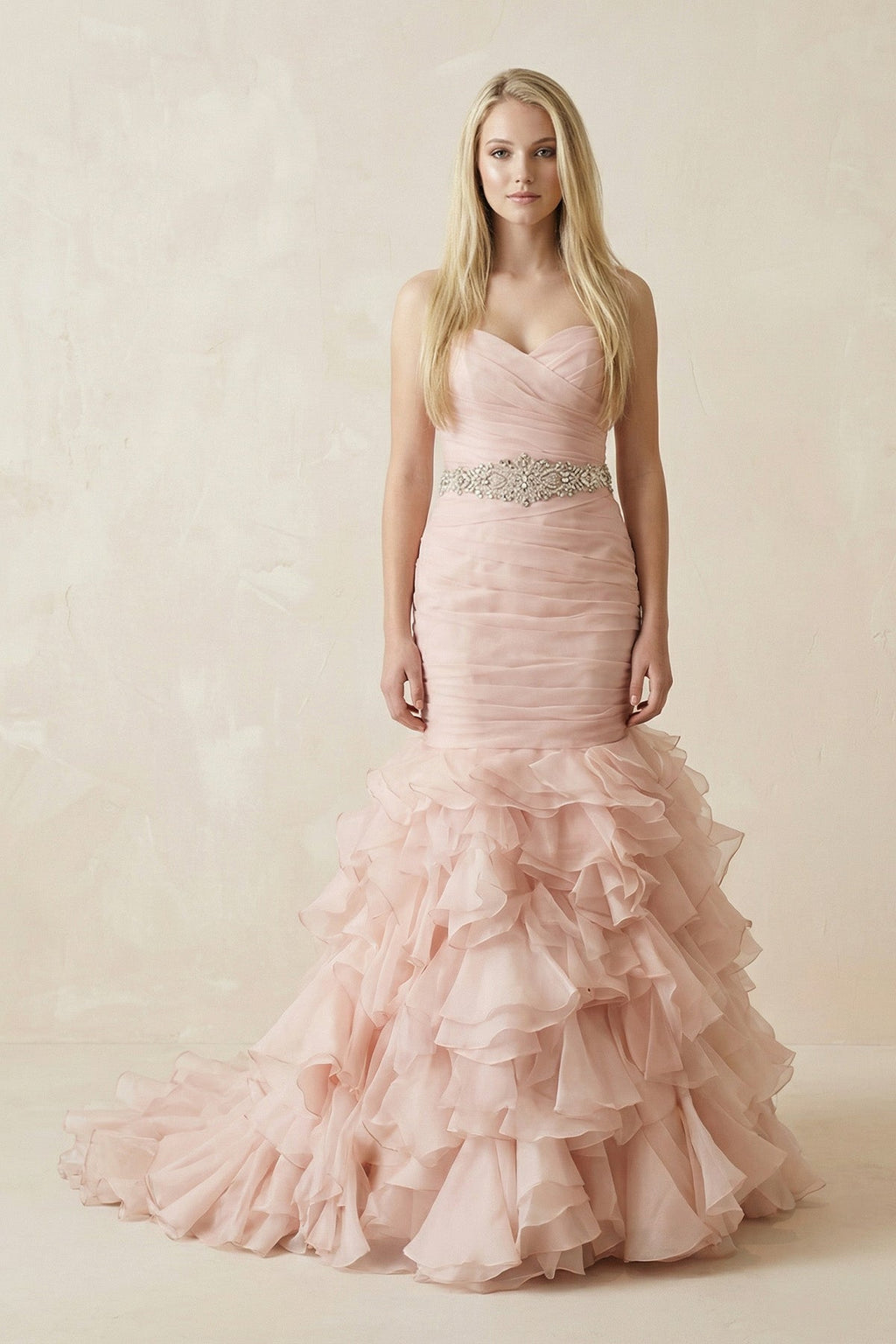Sweetheart Tiered Train Organza Mermaid Pink Wedding Dress with Beading - Curvevia