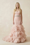 Sweetheart Tiered Train Organza Mermaid Pink Wedding Dress with Beading - Curvevia