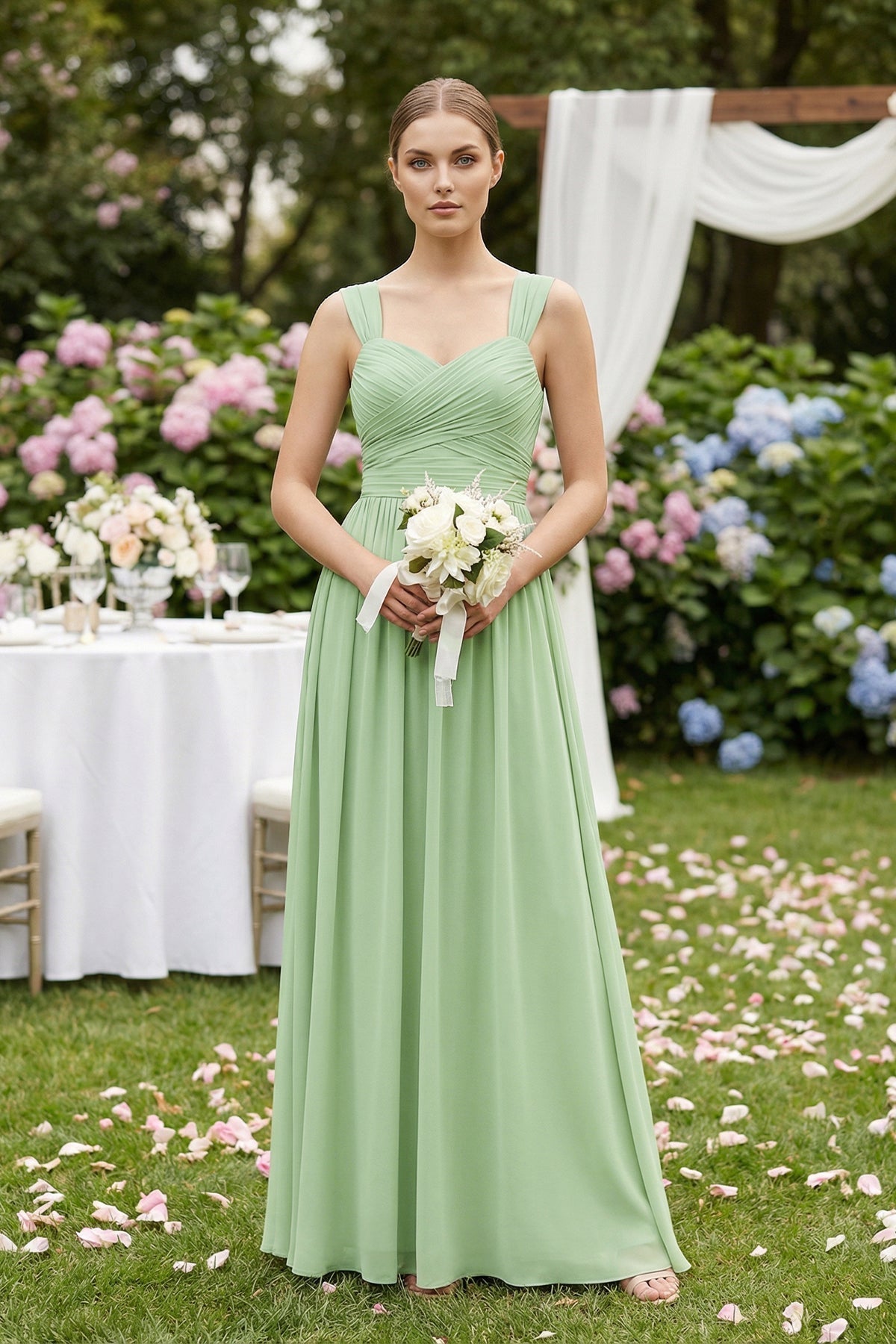 Sweetheart Pleated Chiffon A-Line Bridesmaid Dress in Sage - Curvevia