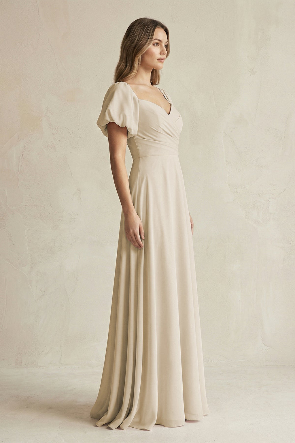 Sweetheart Puff Sleeve A-Line Chiffon Bridesmaid Dress in Champagne - Curvevia