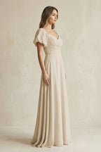 Sweetheart Puff Sleeve A-Line Chiffon Bridesmaid Dress in Champagne - Curvevia