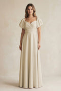 Sweetheart Puff Sleeve A-Line Chiffon Bridesmaid Dress in Champagne - Curvevia