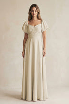 Sweetheart Puff Sleeve A-Line Chiffon Bridesmaid Dress in Champagne - Curvevia