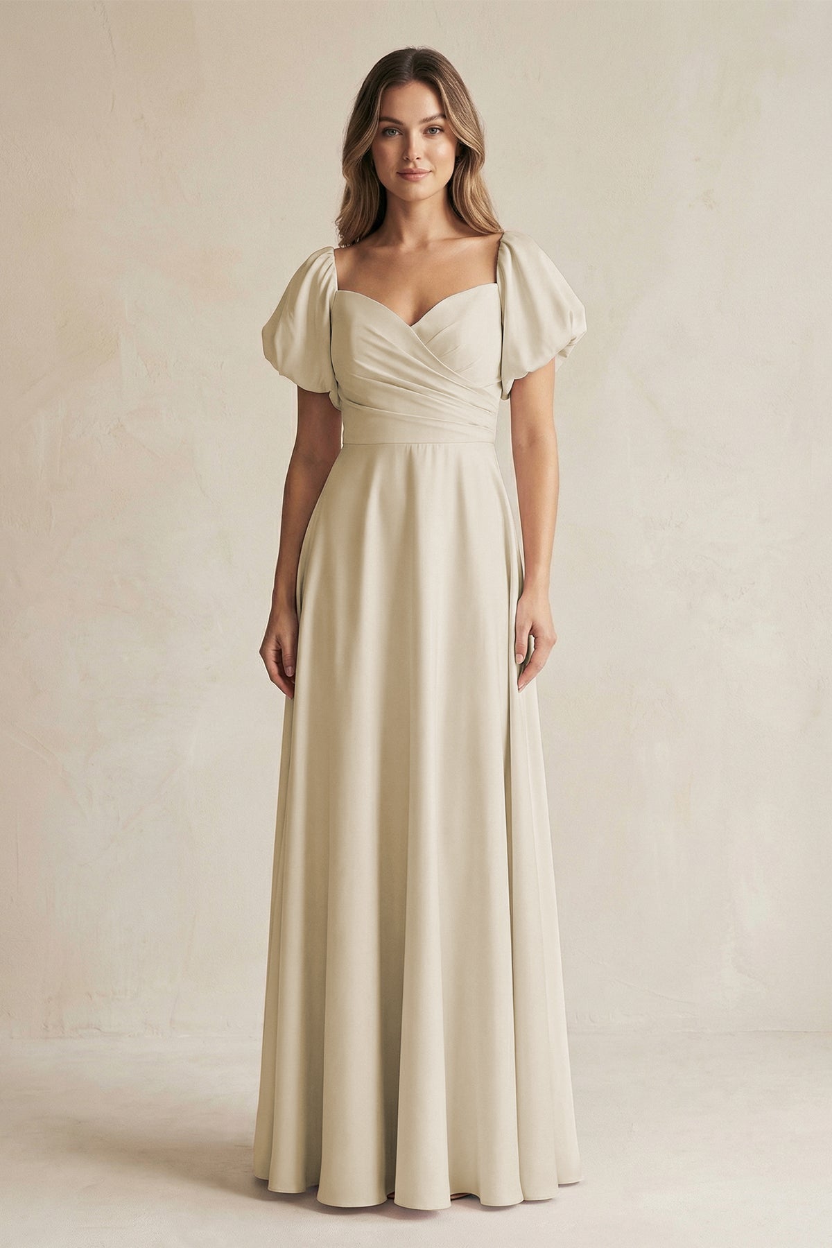 Sweetheart Puff Sleeve A-Line Chiffon Bridesmaid Dress in Champagne - Curvevia