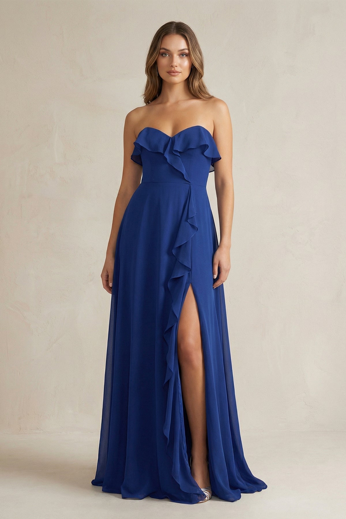 Sweetheart Ruffled A-Line Chiffon Bridesmaid Dress in Royal Blue - Curvevia