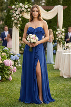 Sweetheart Ruffled A-Line Chiffon Bridesmaid Dress in Royal Blue - Curvevia