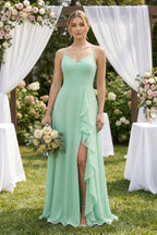 Sweetheart Ruffled A-Line Chiffon Bridesmaid Dress with Slit in Pale Pistachio - Curvevia