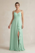 Sweetheart Ruffled A-Line Chiffon Bridesmaid Dress with Slit in Pale Pistachio - Curvevia