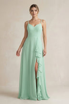 Sweetheart Ruffled A-Line Chiffon Bridesmaid Dress with Slit in Pale Pistachio - Curvevia