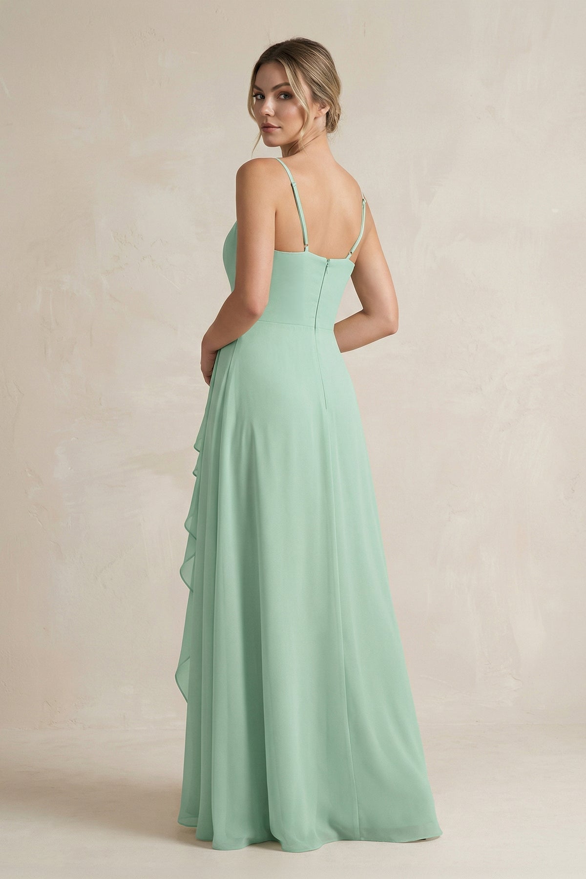 Sweetheart Ruffled A-Line Chiffon Bridesmaid Dress with Slit in Pale Pistachio - Curvevia