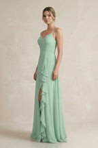 Sweetheart Ruffled A-Line Chiffon Bridesmaid Dress with Slit in Pale Pistachio - Curvevia