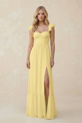 Sweetheart Ruffled Sleeve A-Line Chiffon Bridesmaid Dress in Pastel Yellow - Curvevia