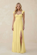 Sweetheart Ruffled Sleeve A-Line Chiffon Bridesmaid Dress in Pastel Yellow - Curvevia