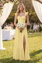 Sweetheart Ruffled Sleeve A-Line Chiffon Bridesmaid Dress in Pastel Yellow - Curvevia