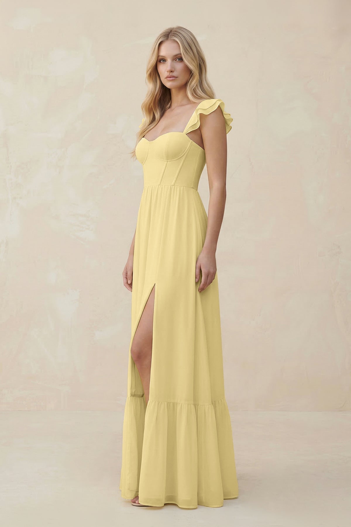 Sweetheart Ruffled Sleeve A-Line Chiffon Bridesmaid Dress in Pastel Yellow - Curvevia