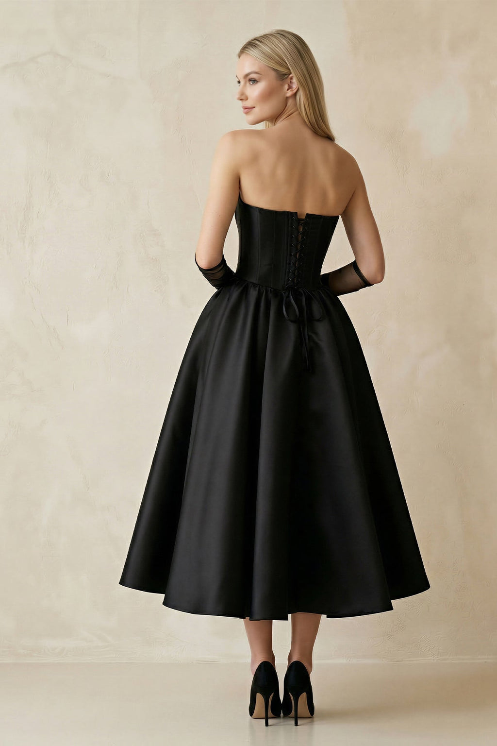 Sweetheart Satin A-Line Midi Wedding Dress With Sleeves in Black - Curvevia