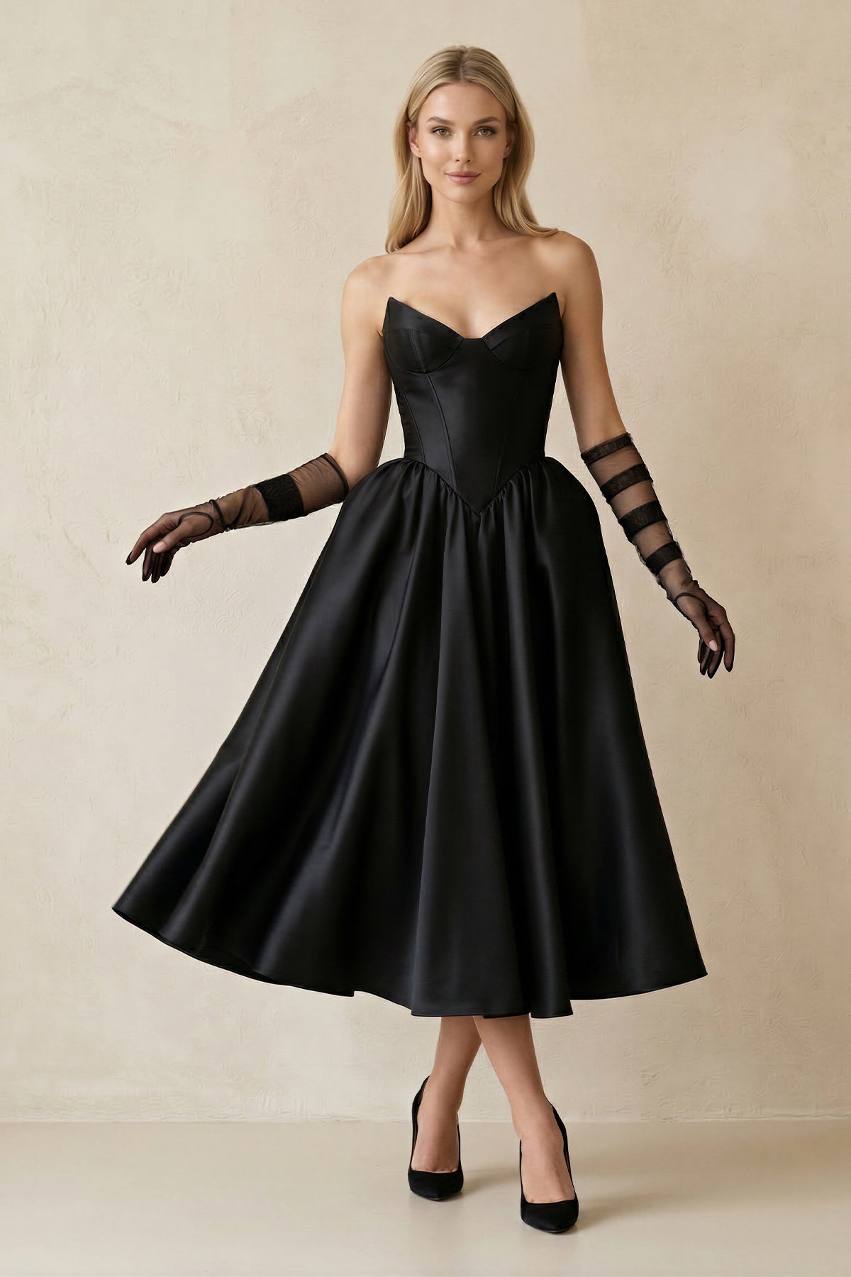 Sweetheart Satin A-Line Midi Wedding Dress With Sleeves in Black - Curvevia