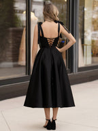 A line Sweetheart Satin Tea Length Wedding Guest Dress - Curvevia