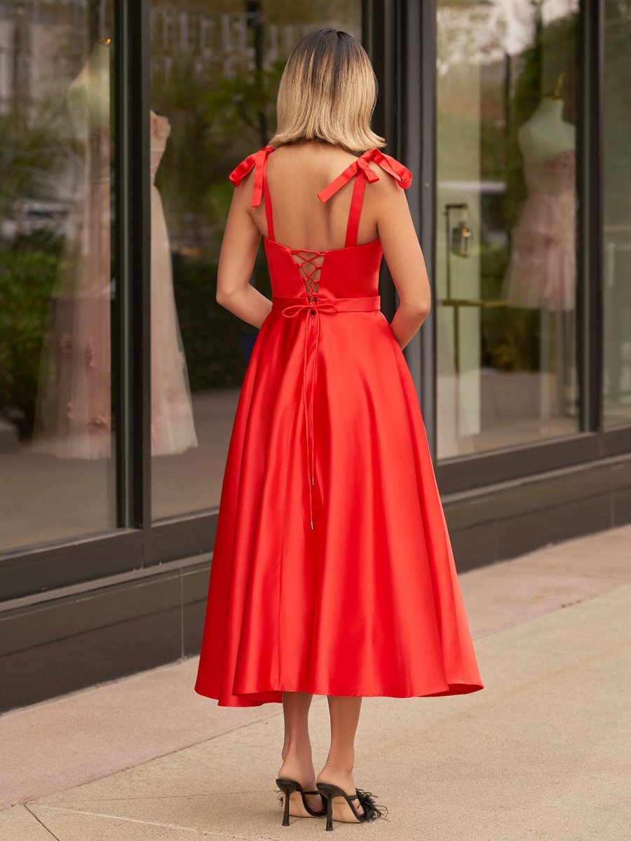 A line Sweetheart Satin Tea Length Wedding Guest Dress - Curvevia