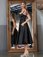A line Sweetheart Satin Tea Length Wedding Guest Dress - Curvevia