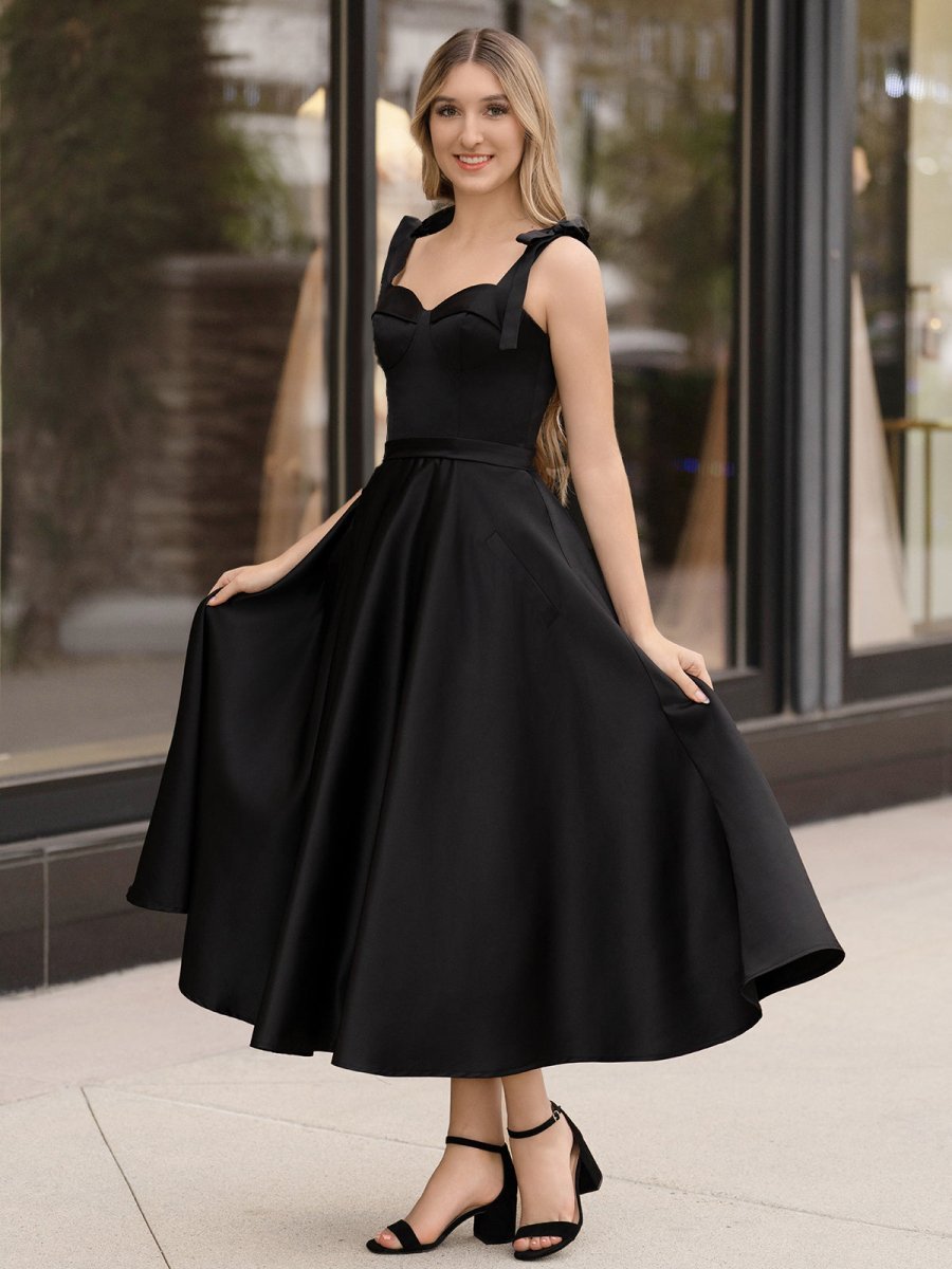 A line Sweetheart Satin Tea Length Wedding Guest Dress - Curvevia