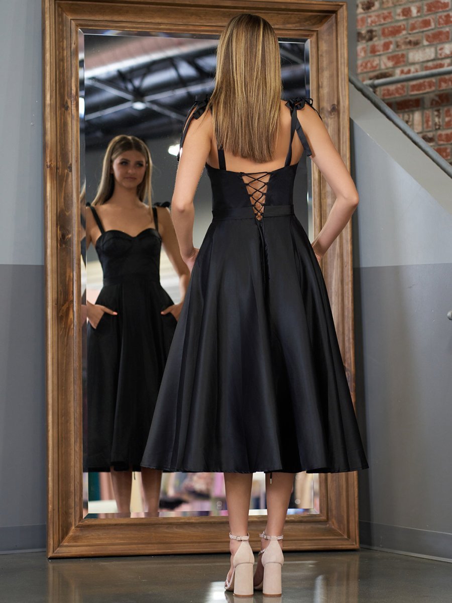A line Sweetheart Satin Tea Length Wedding Guest Dress - Curvevia
