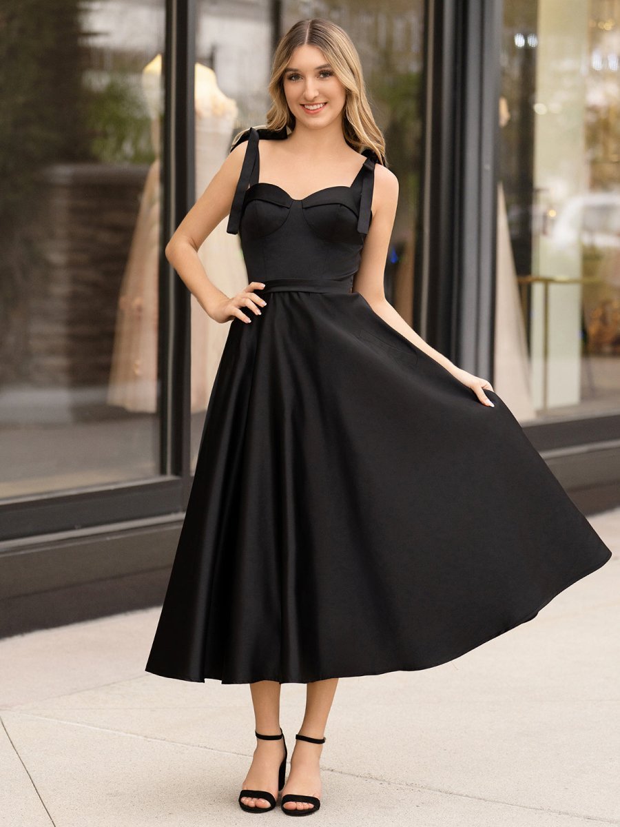 A line Sweetheart Satin Tea Length Wedding Guest Dress - Curvevia
