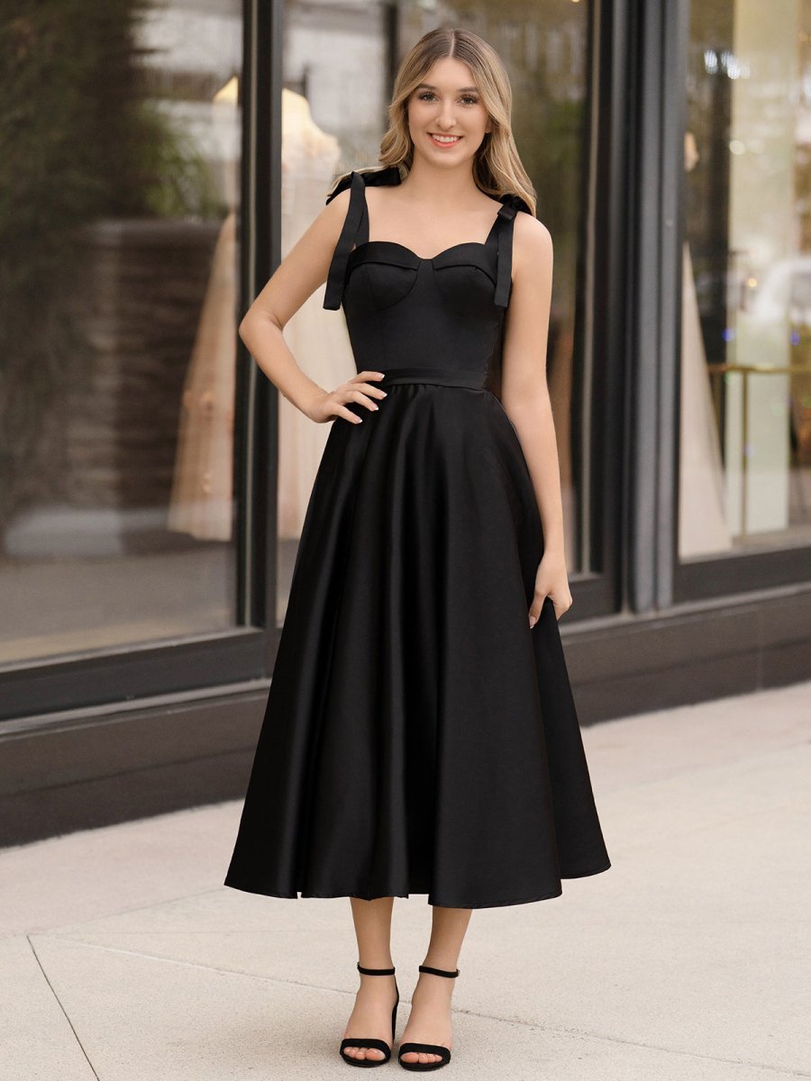 A line Sweetheart Satin Tea Length Wedding Guest Dress - Curvevia