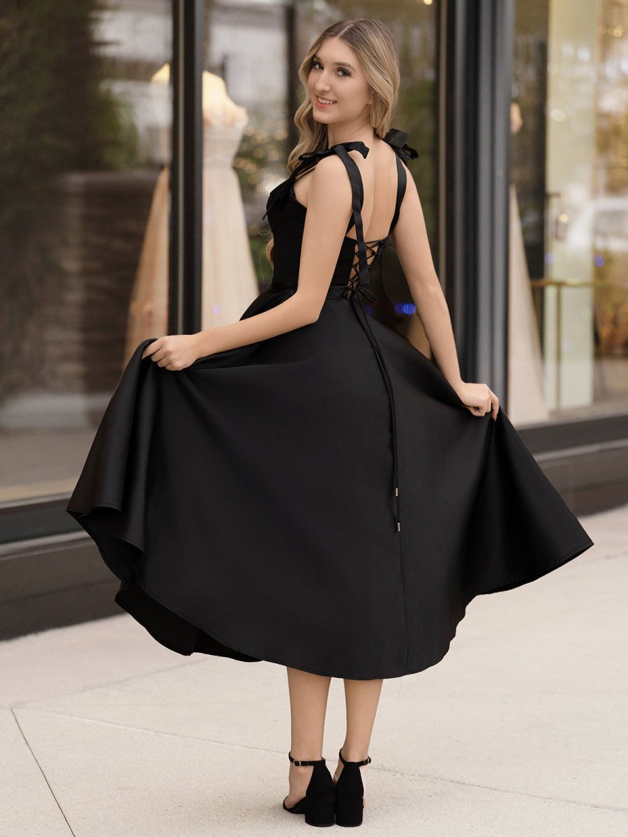 A line Sweetheart Satin Tea Length Wedding Guest Dress - Curvevia