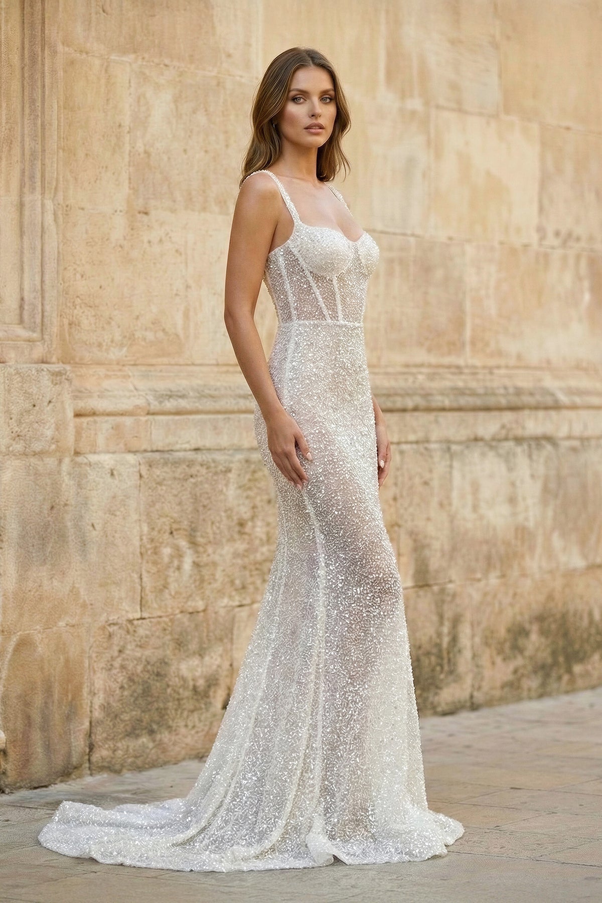 Sparkly A Line Sweetheart Mermaid Sequins Wedding Dresses - Curvevia