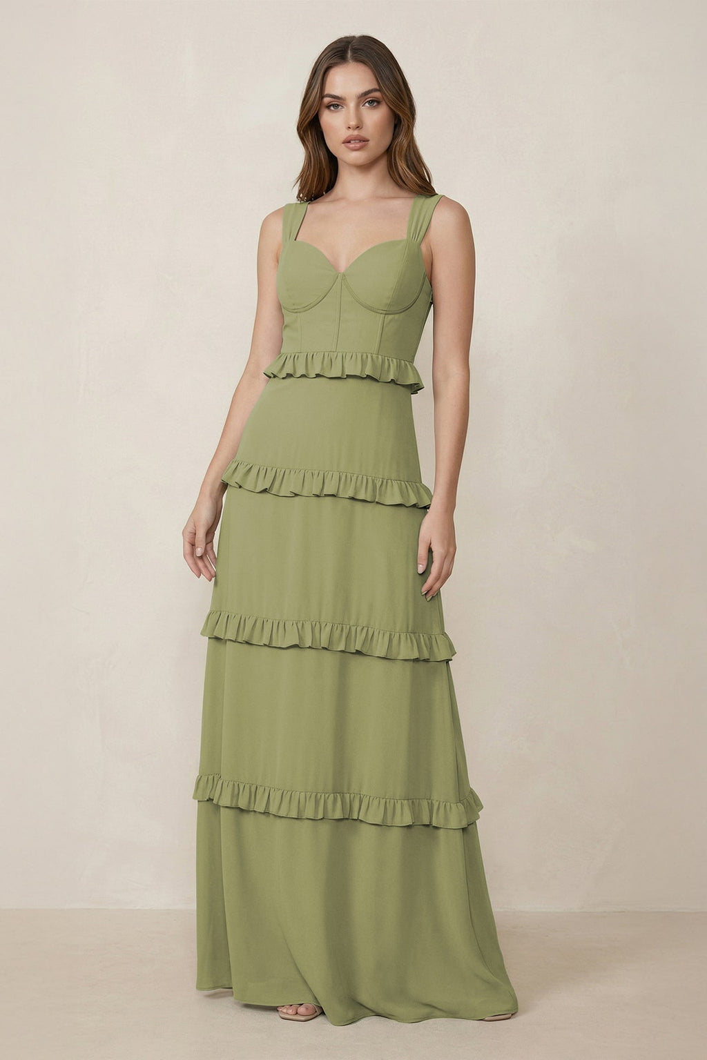 Sweetheart Tiered A-Line Chiffon Bridesmaid Dress in Moss Green - Curvevia