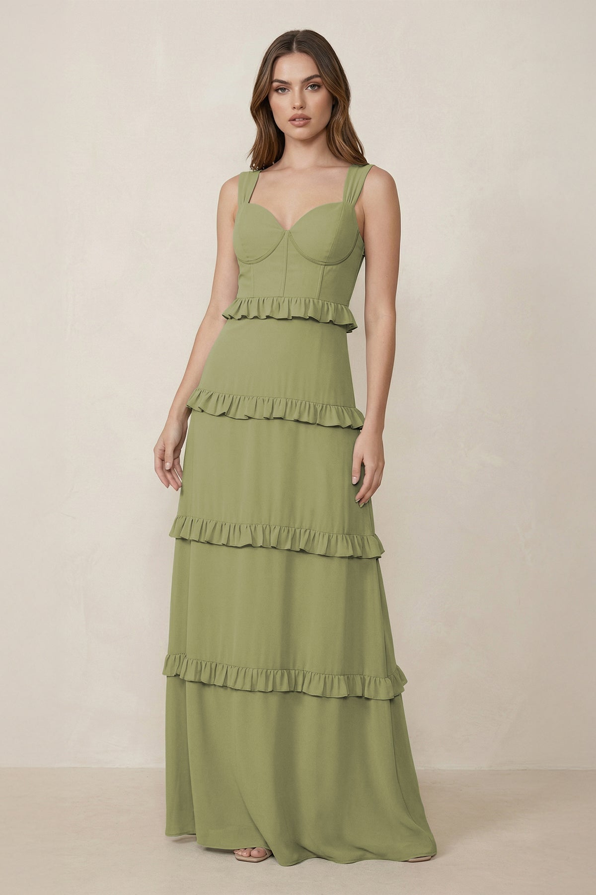 Sweetheart Tiered A-Line Chiffon Bridesmaid Dress in Moss Green - Curvevia