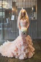 Sweetheart Tiered Train Organza Mermaid Pink Wedding Dress with Beading - Curvevia