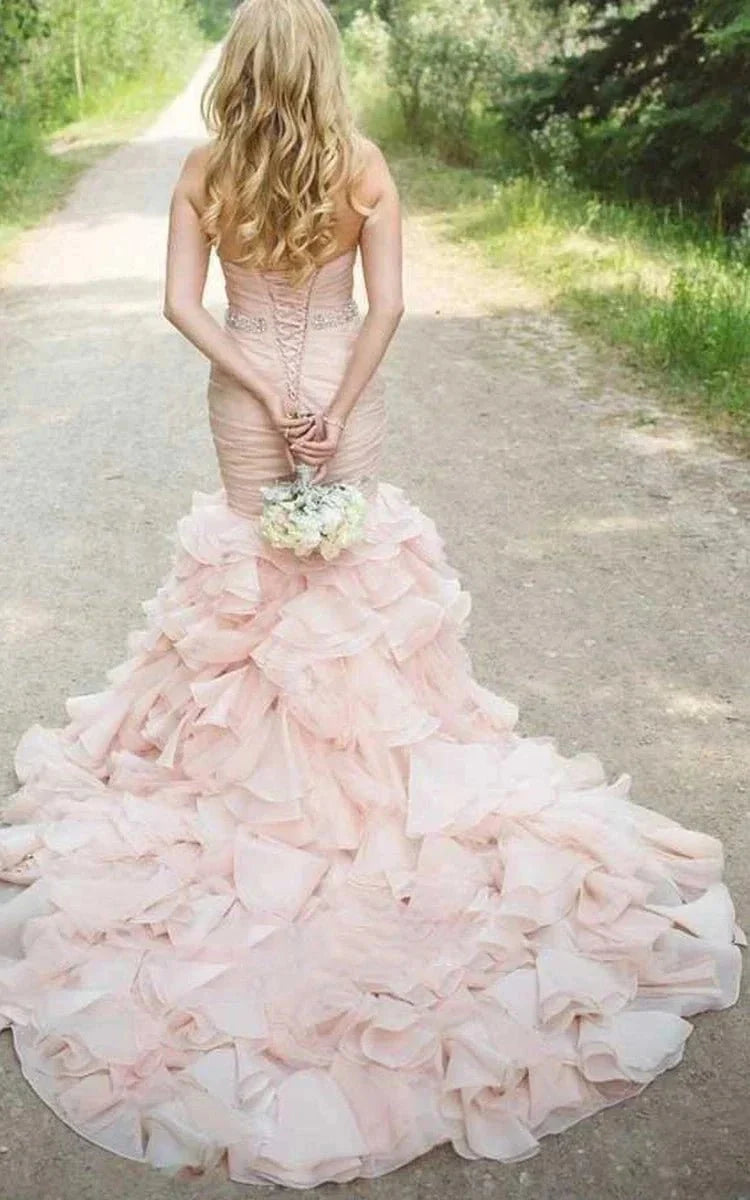 Sweetheart Tiered Train Organza Mermaid Pink Wedding Dress with Beading - Curvevia