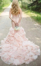 Sweetheart Tiered Train Organza Mermaid Pink Wedding Dress with Beading - Curvevia