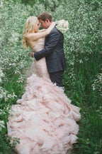Sweetheart Tiered Train Organza Mermaid Pink Wedding Dress with Beading - Curvevia