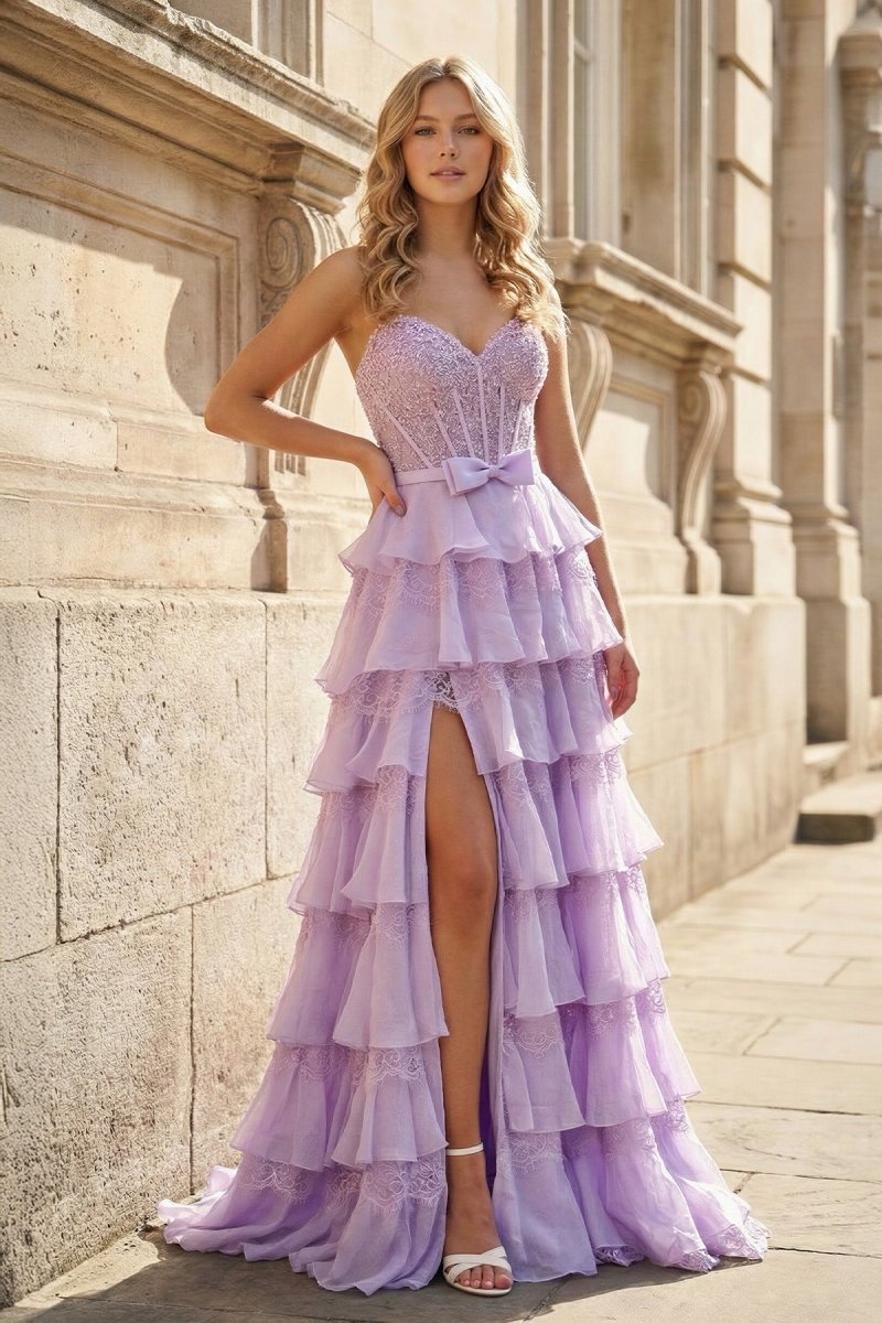 Pink Sweetheart A Line Chiffon Tiered Evening Dress With Bow - Curvevia