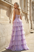 Pink Sweetheart A Line Chiffon Tiered Evening Dress With Bow - Curvevia