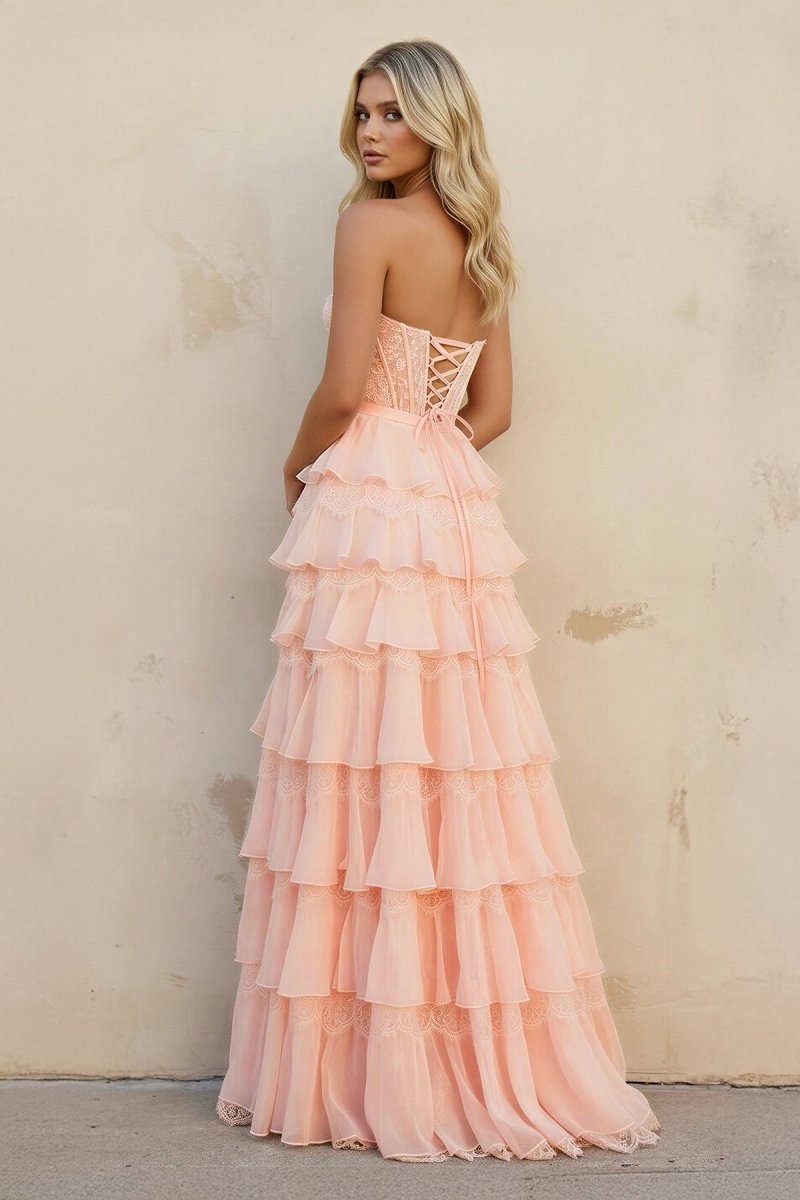 Pink Sweetheart A Line Chiffon Tiered Evening Dress With Bow - Curvevia