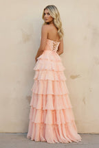 Pink Sweetheart A Line Chiffon Tiered Evening Dress With Bow - Curvevia