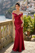 Aqua Off The Shoulder Sheath Satin Long Prom Dress - Curvevia