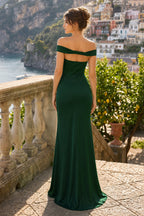 Aqua Off The Shoulder Sheath Satin Long Prom Dress - Curvevia