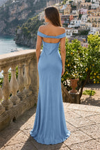 Aqua Off The Shoulder Sheath Satin Long Prom Dress - Curvevia