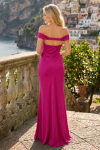 Aqua Off The Shoulder Sheath Satin Long Prom Dress - Curvevia