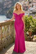 Aqua Off The Shoulder Sheath Satin Long Prom Dress - Curvevia