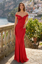 Aqua Off The Shoulder Sheath Satin Long Prom Dress - Curvevia