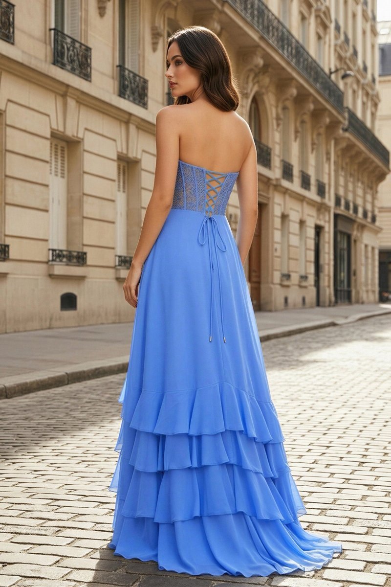 Blue - Sweetheart Chiffon Ruffled A Line Long Wedding Guest Dress With Appliques - Curvevia