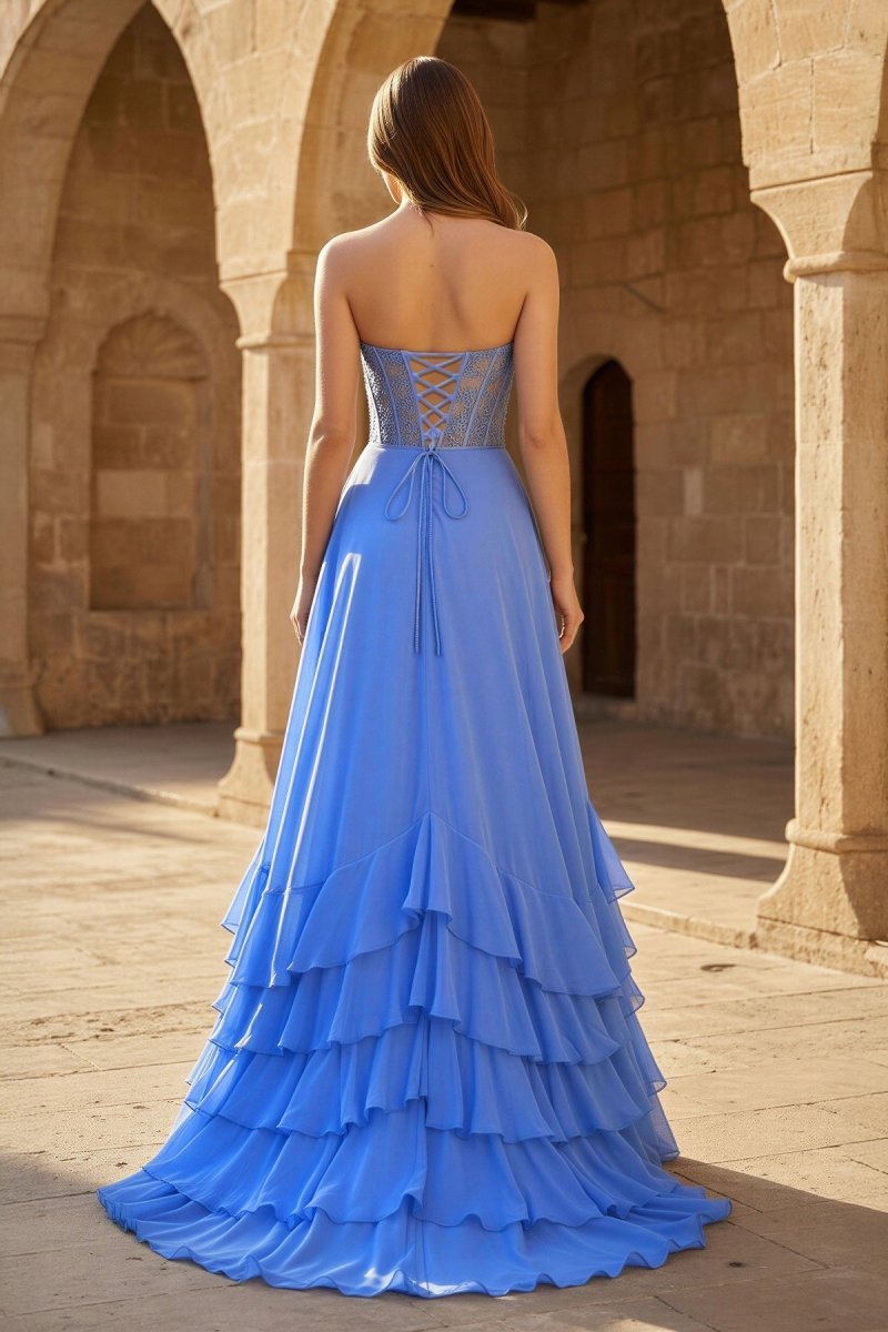 Yellow Sweetheart Chiffon Ruffled A Line Long Evening Dress With Appliques - Curvevia