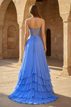 Yellow Sweetheart Chiffon Ruffled A Line Long Evening Dress With Appliques - Curvevia
