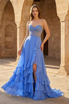 Blue - Sweetheart Chiffon Ruffled A Line Long Wedding Guest Dress With Appliques - Curvevia